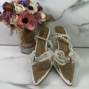 Sparkling Pearl Strappy Heels Clear Pointed Toe Stiletto Pumps Dress Shoes Sz‎ 7